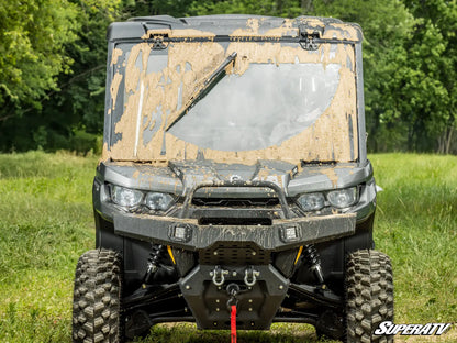 SuperATV MaxDrive Power Flip Power Glass Windshield Can Am Defender HD W Wiper front view with wiper installed