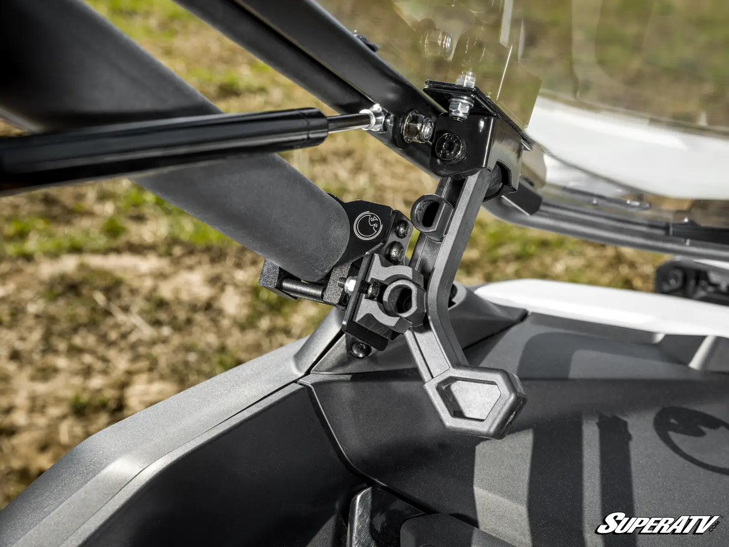 Close-up of a motorcycle handlebar with SuperATV branding.