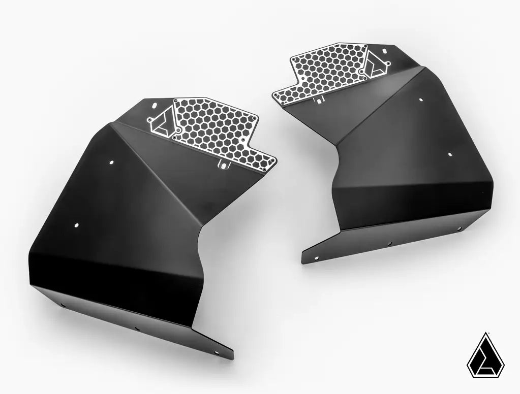 Two black UTV Fender Guards with honeycomb patterns on a white background