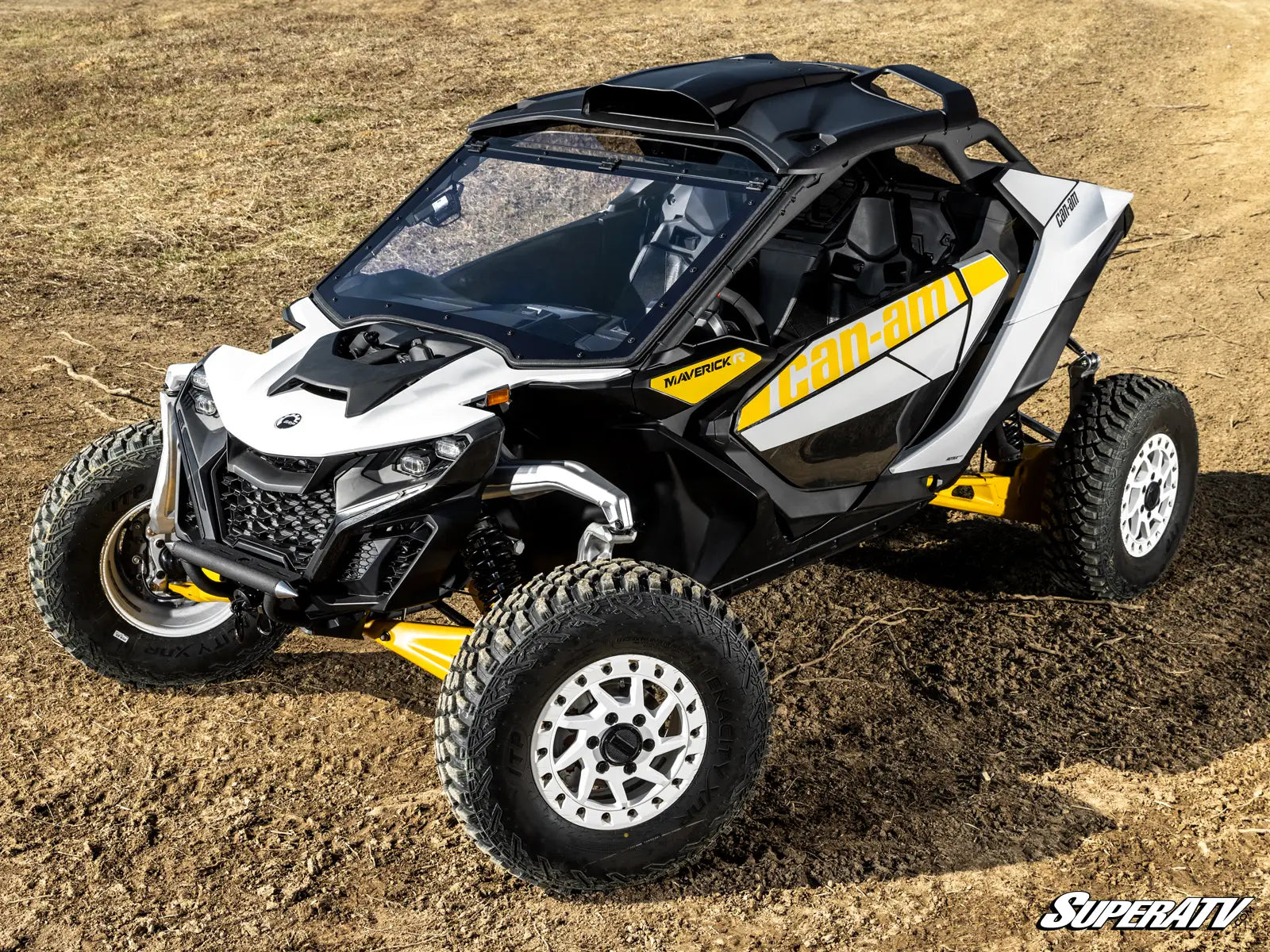 SuperATV MaxDrive Power Flip Windshield Can Am Maverick R / Max 2024+ side view