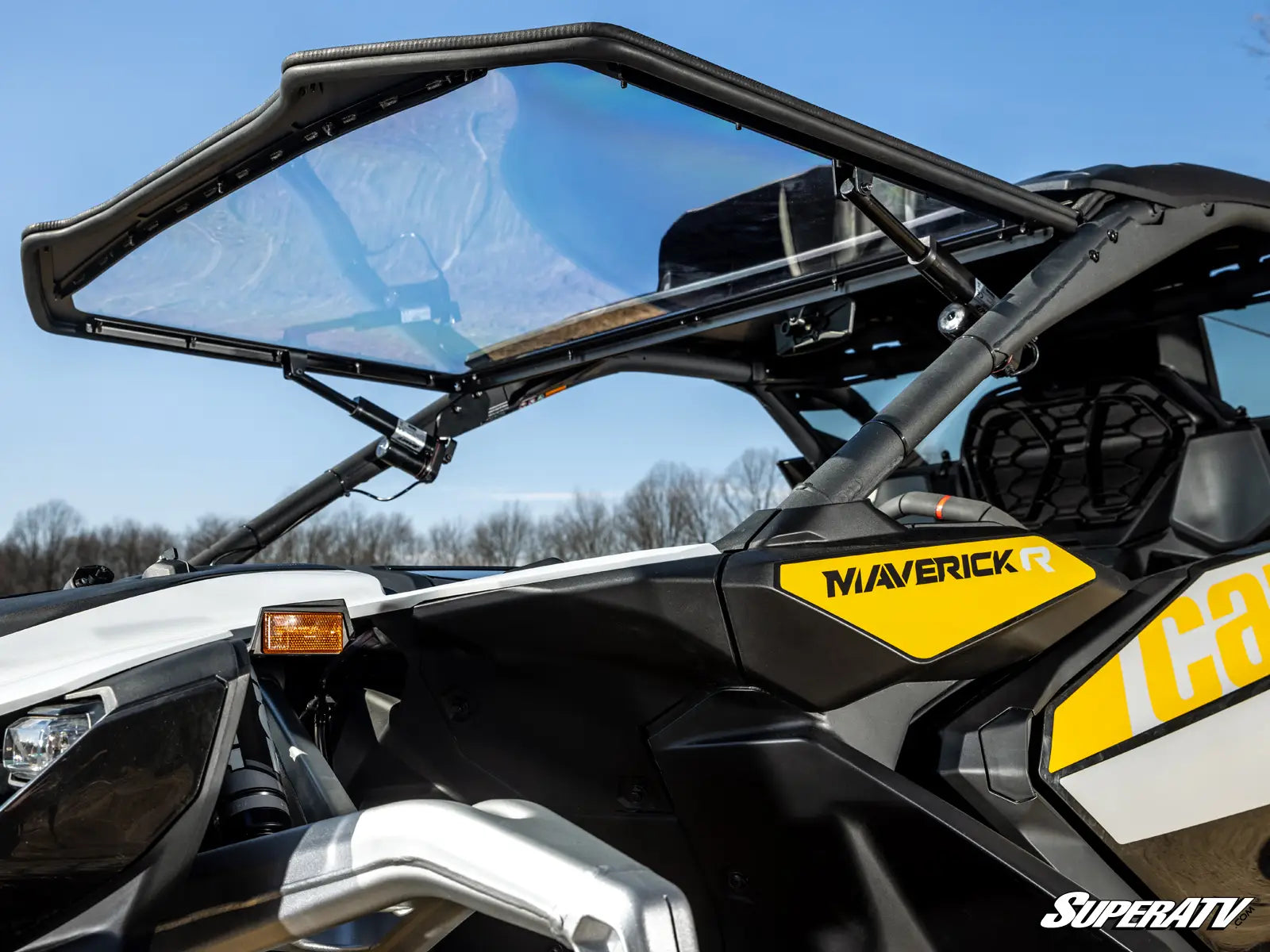 SuperATV MaxDrive Power Flip Windshield Can Am Maverick R / Max 2024+ open side view