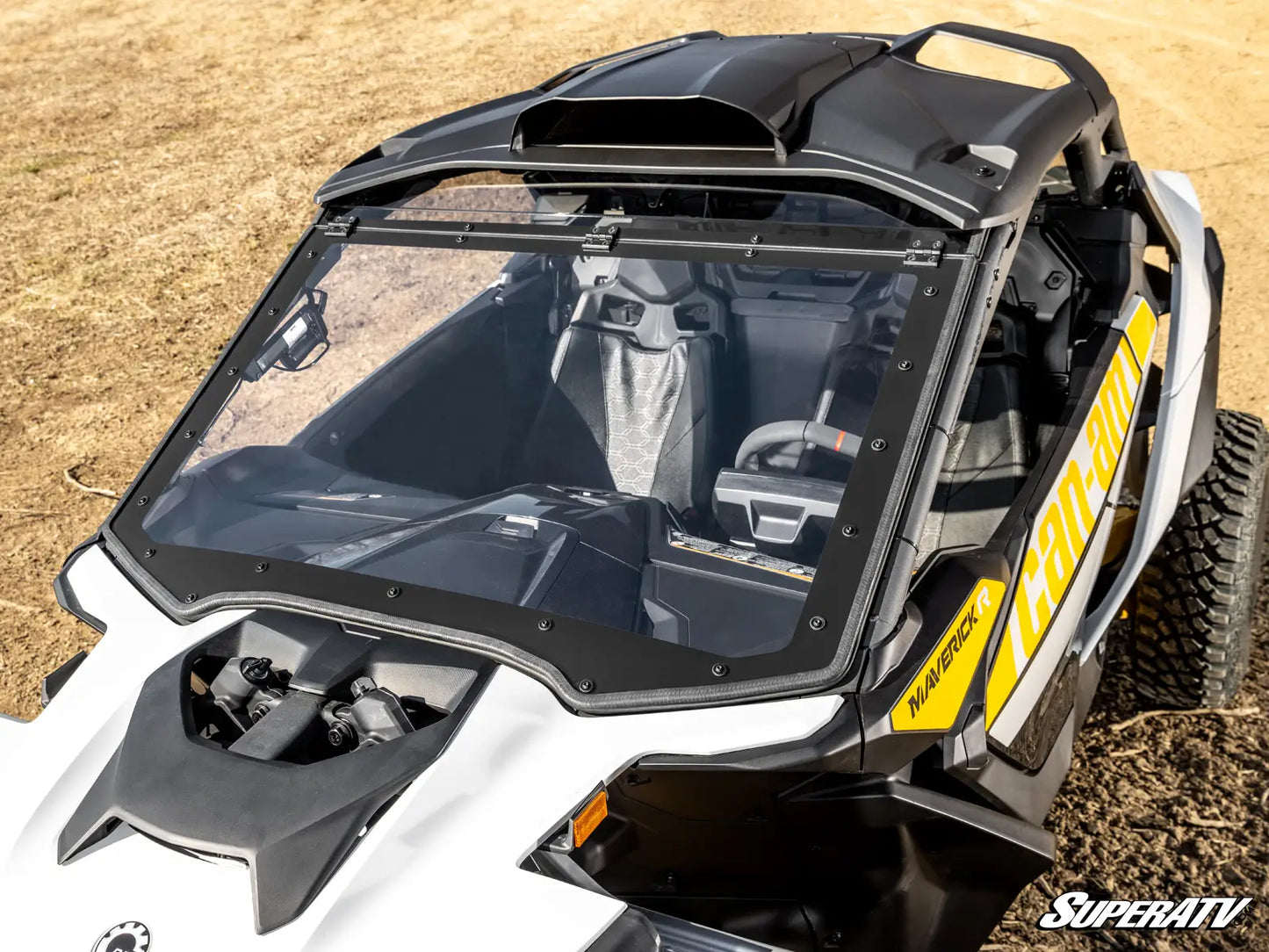 SuperATV MaxDrive Power Flip Windshield Can Am Maverick R / Max 2024+ top front view