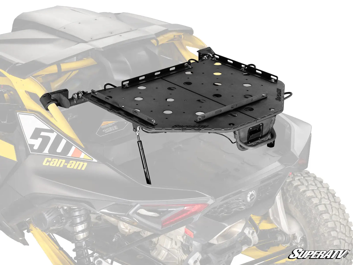 Black roof rack system on a Can-Am vehicle with SuperATV branding.