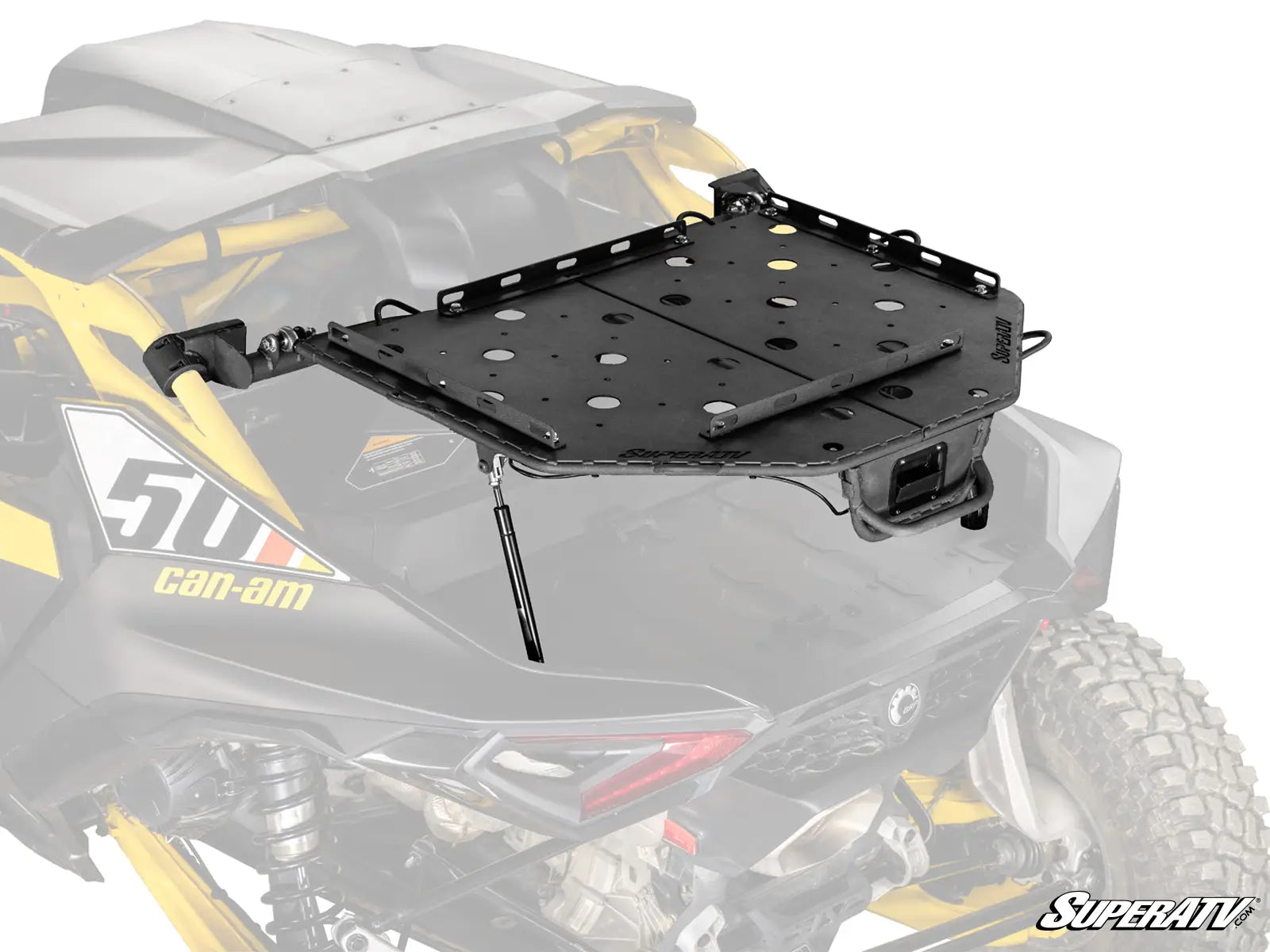 Black roof rack system on a Can-Am vehicle with SuperATV branding.