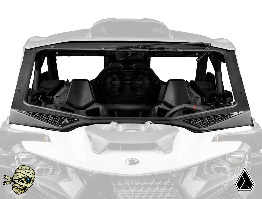 Front view of a vehicle with an open hood on a white background