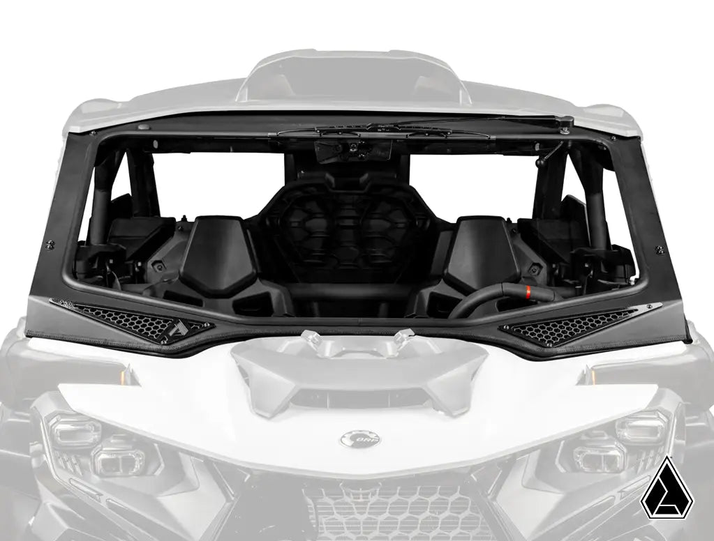 Front view of a vehicle with an open hood on a white background
