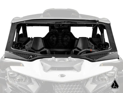 Front view of a vehicle with an open hood on a white background