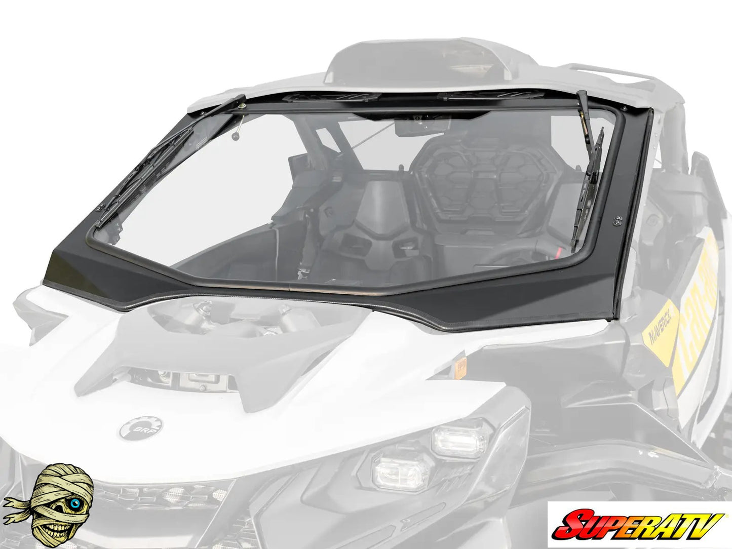 Side view of a Can-Am vehicle with a clear windshield and SuperATV logo.