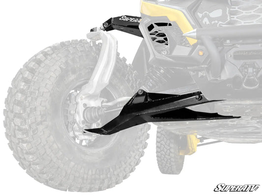 Close-up of a vehicle suspension system with 'SuperATV' branding.