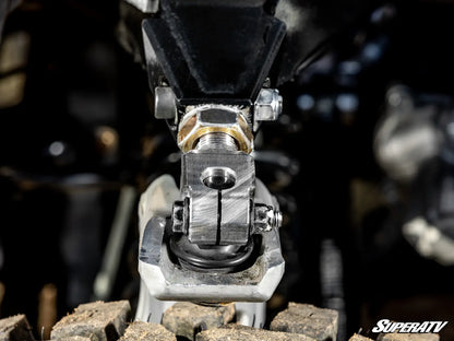 Close-up of a metal lever with bolts on a blurred background, featuring the SuperATV logo.