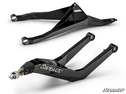 Two black SuperATV suspension components on a white background
