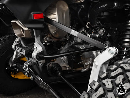 Close-up of a motorcycle suspension system with visible branding.