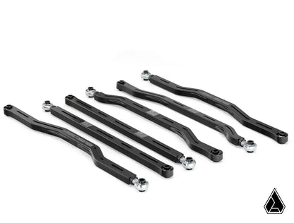 Set of black metal control arms on a white background