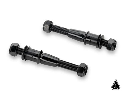 Two black metal bolts on a white background