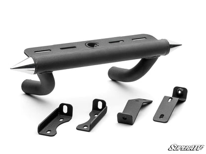 Black car bumper with mounting brackets on a white background