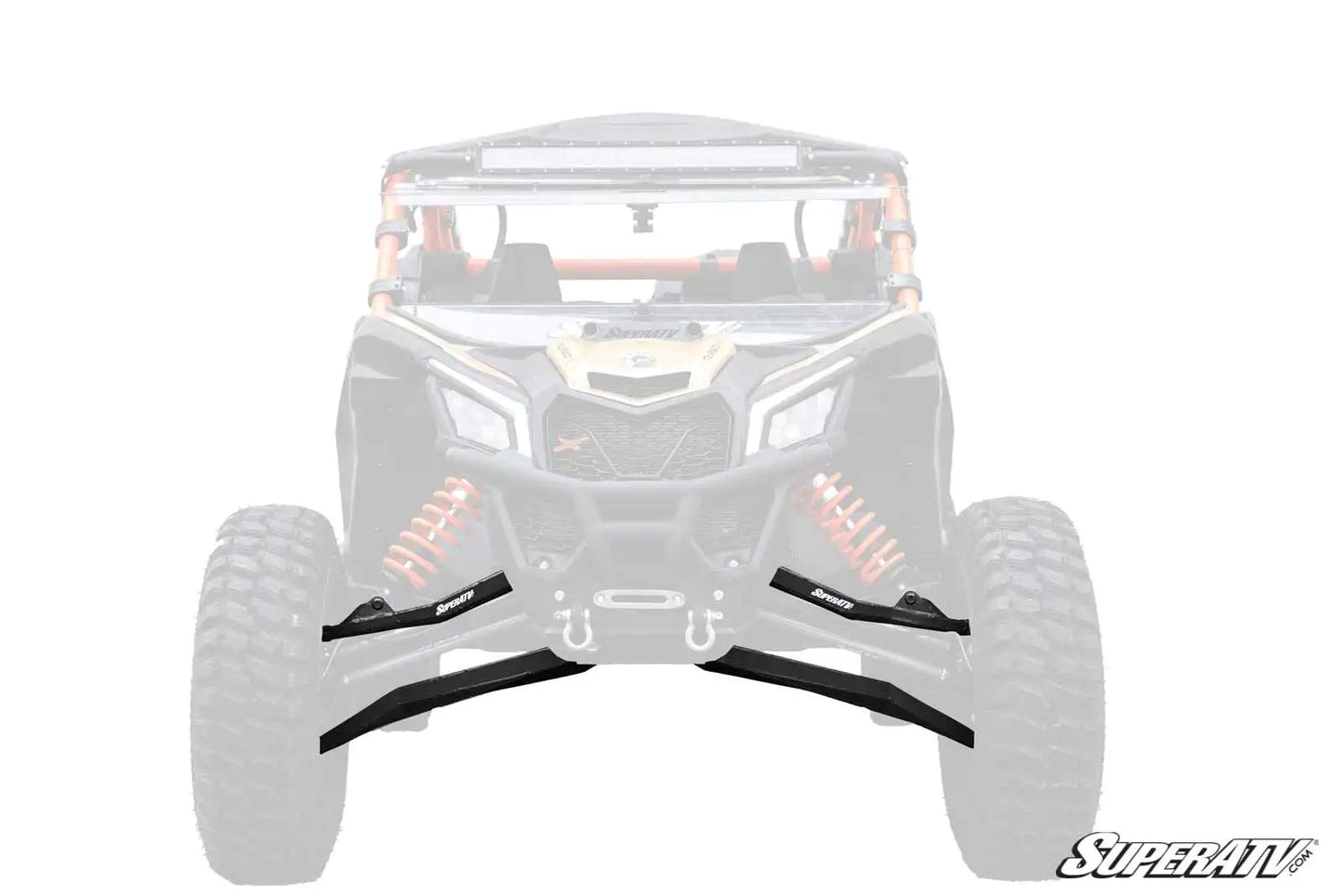 Front view of a SuperATV vehicle with clear canopy and black bumper on a white background