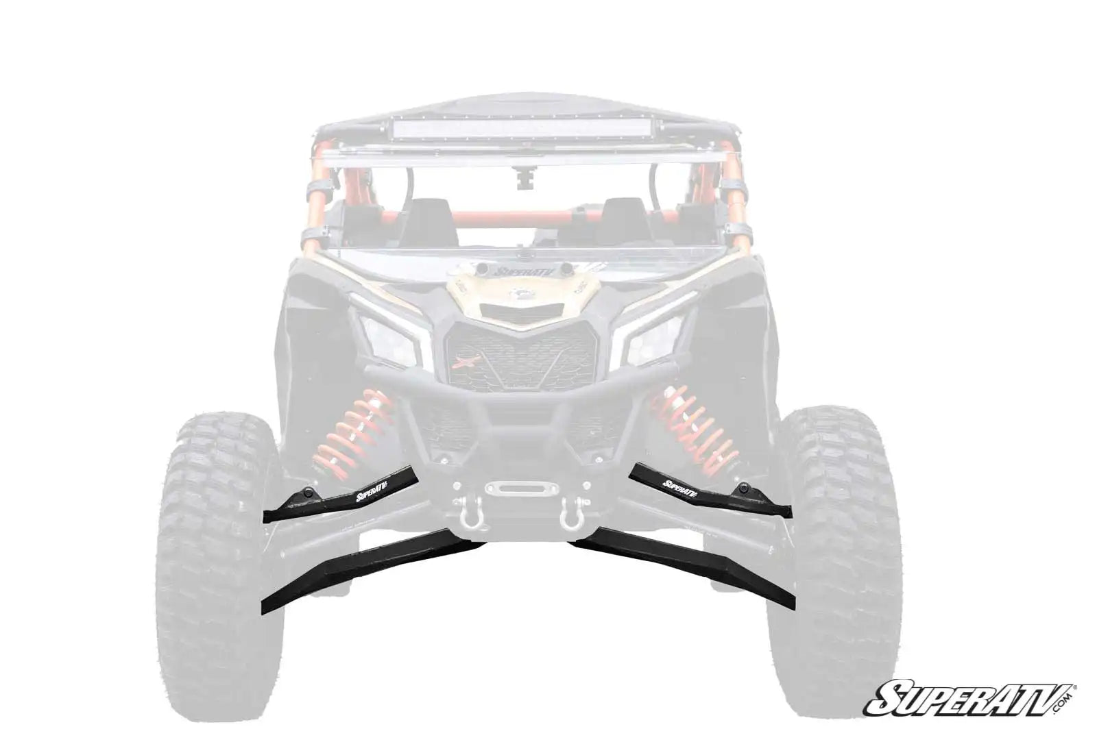 Front view of a SuperATV vehicle with clear canopy and black bumper on a white background