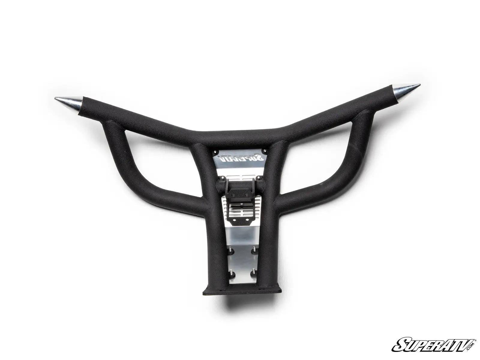 Black motorcycle handlebar guard with SuperATV branding on a white background