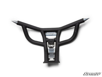 Black motorcycle handlebar guard with SuperATV branding on a white background