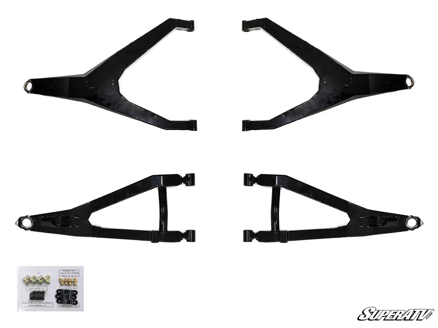 Four black metal suspension links on a white background with SuperATV branding.