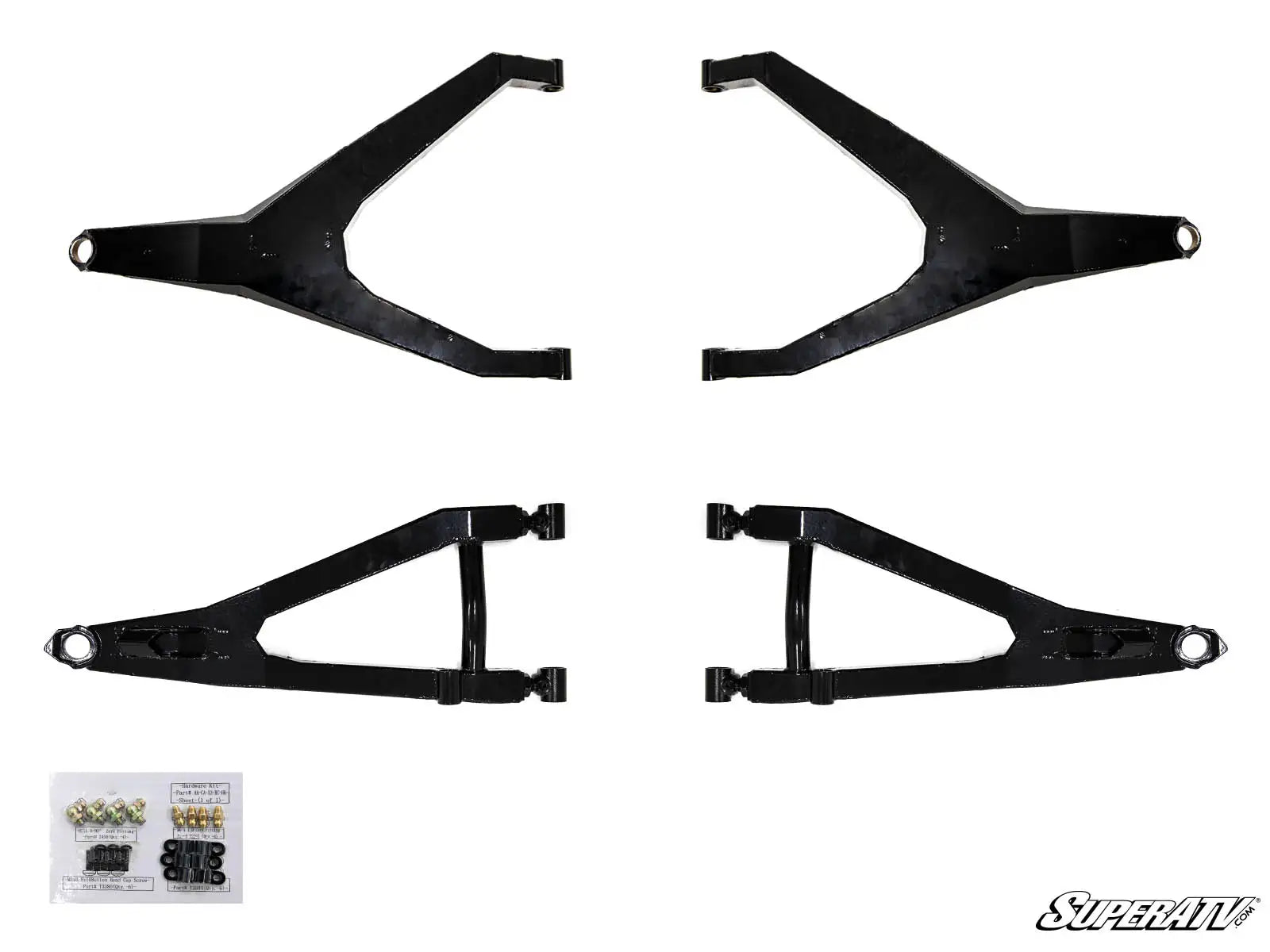 Four black metal suspension links on a white background with SuperATV branding.