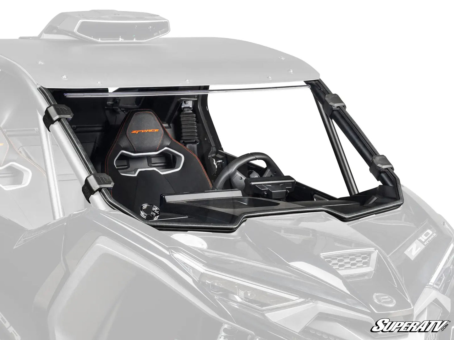 Windshield of a vehicle with SuperATV branding on a white background