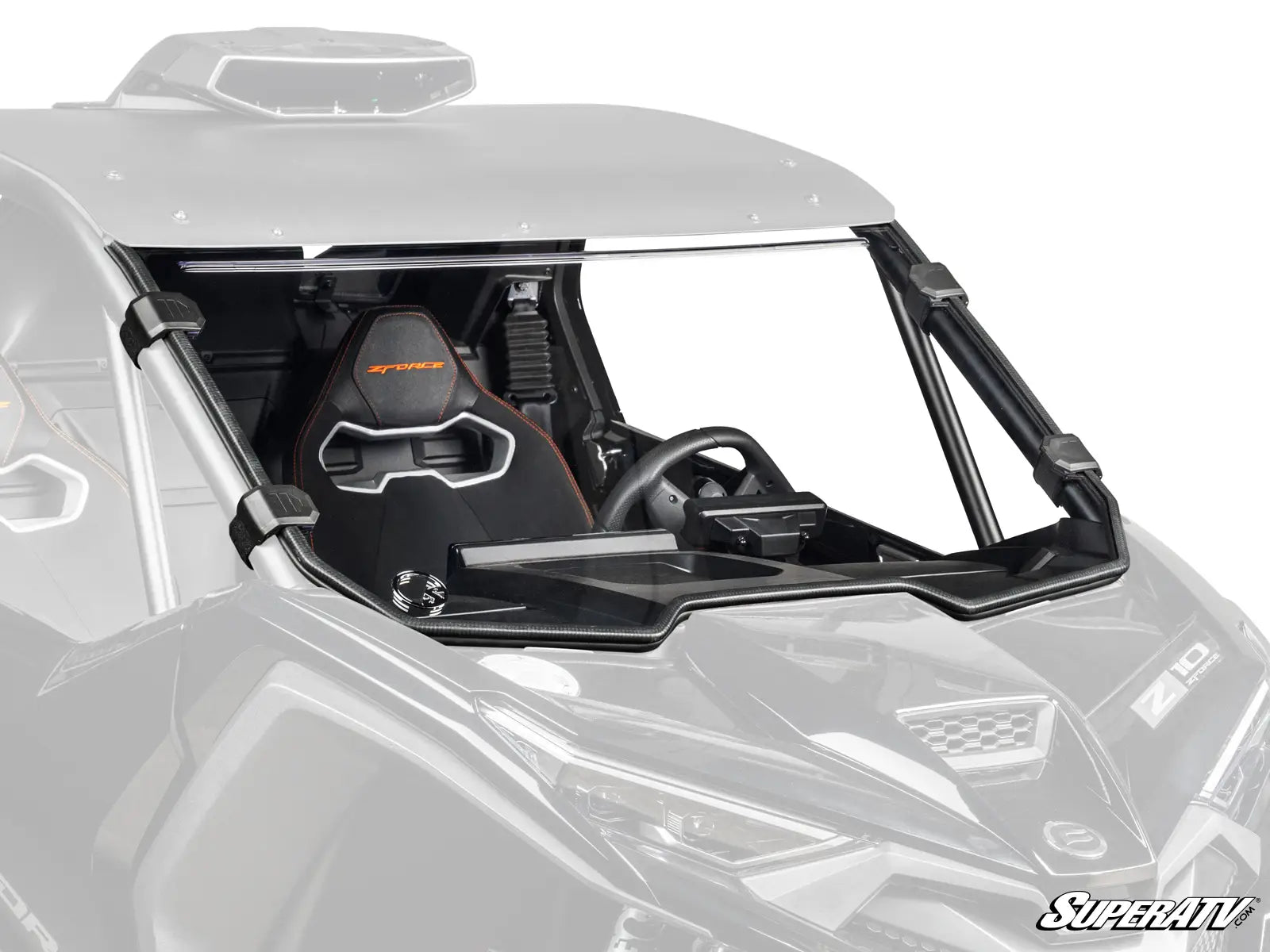 Windshield of a vehicle with SuperATV branding on a white background