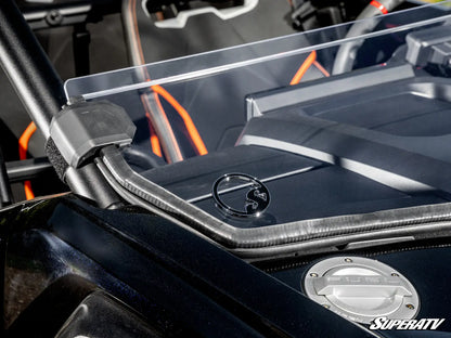 Close-up of a SuperATV branded vehicle with clear protective cover on a black background
