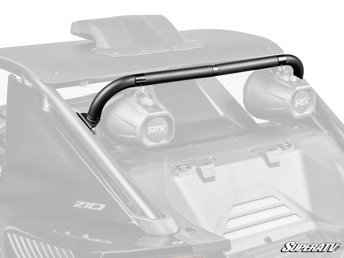 A black tubular metal roll bar installed over the rear cargo bed of a gray off-road vehicle, shown on a white background with a faded vehicle overlay.