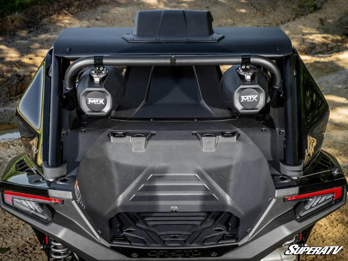Close-up rear view of a black off-road side-by-side vehicle with dual rear tires, roll bar, and large black rear cover. The words 'MIX' are visible on the circular side components, and a 'SUPERATV' watermark appears in the bottom right corner.