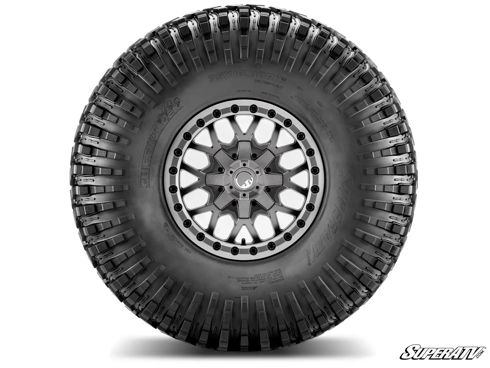 Tire with tread pattern on a white background, featuring the SuperATV logo.