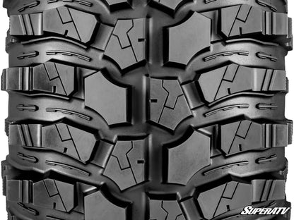 Close-up of a tire with prominent tread pattern, featuring the SuperATV logo.