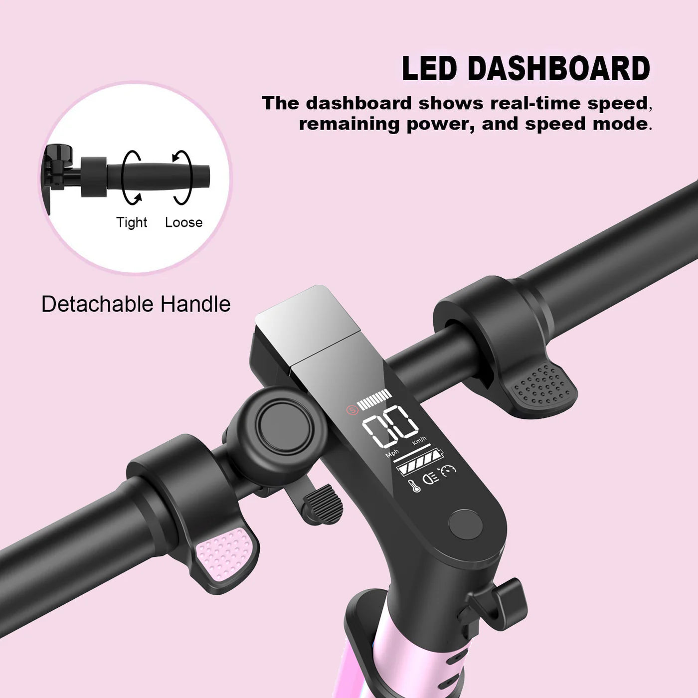 Bicycle handlebar with LED dashboard displaying real-time speed and power on a pink background
