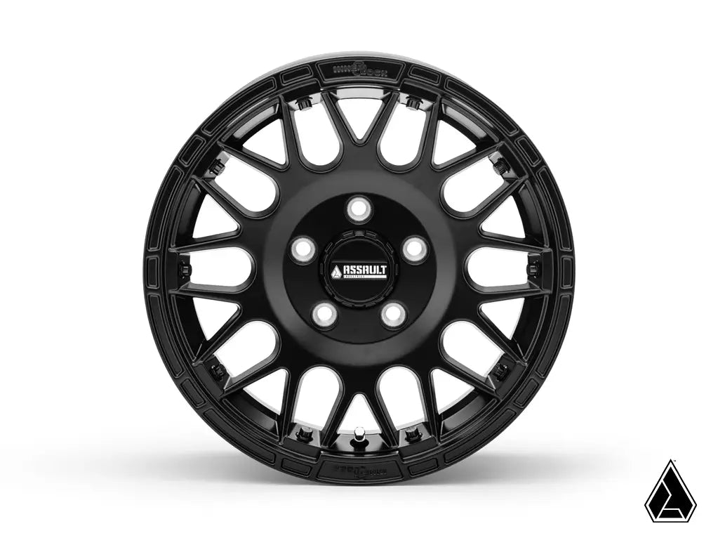 Black alloy wheel with 'Assault' branding on a white background