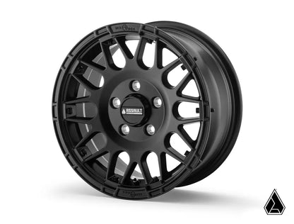 Black alloy wheel on a white background