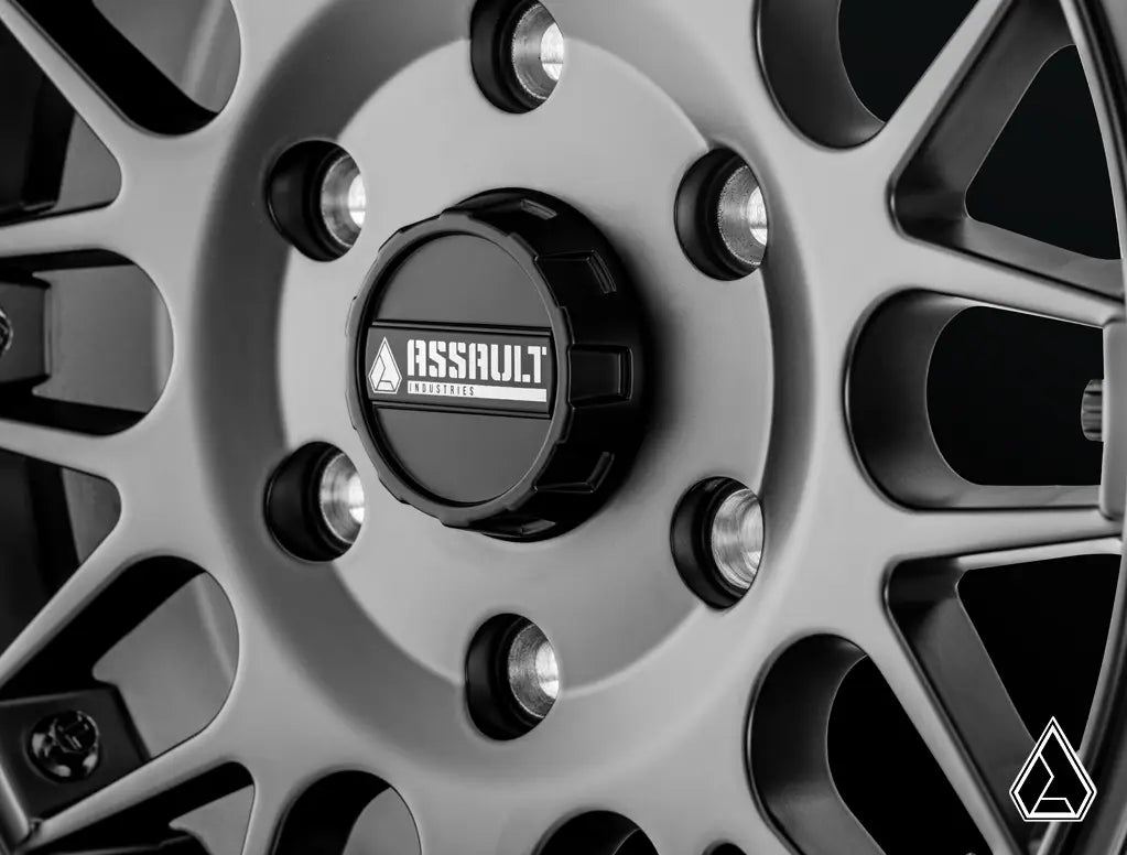 Closeup of assault wheel center cap