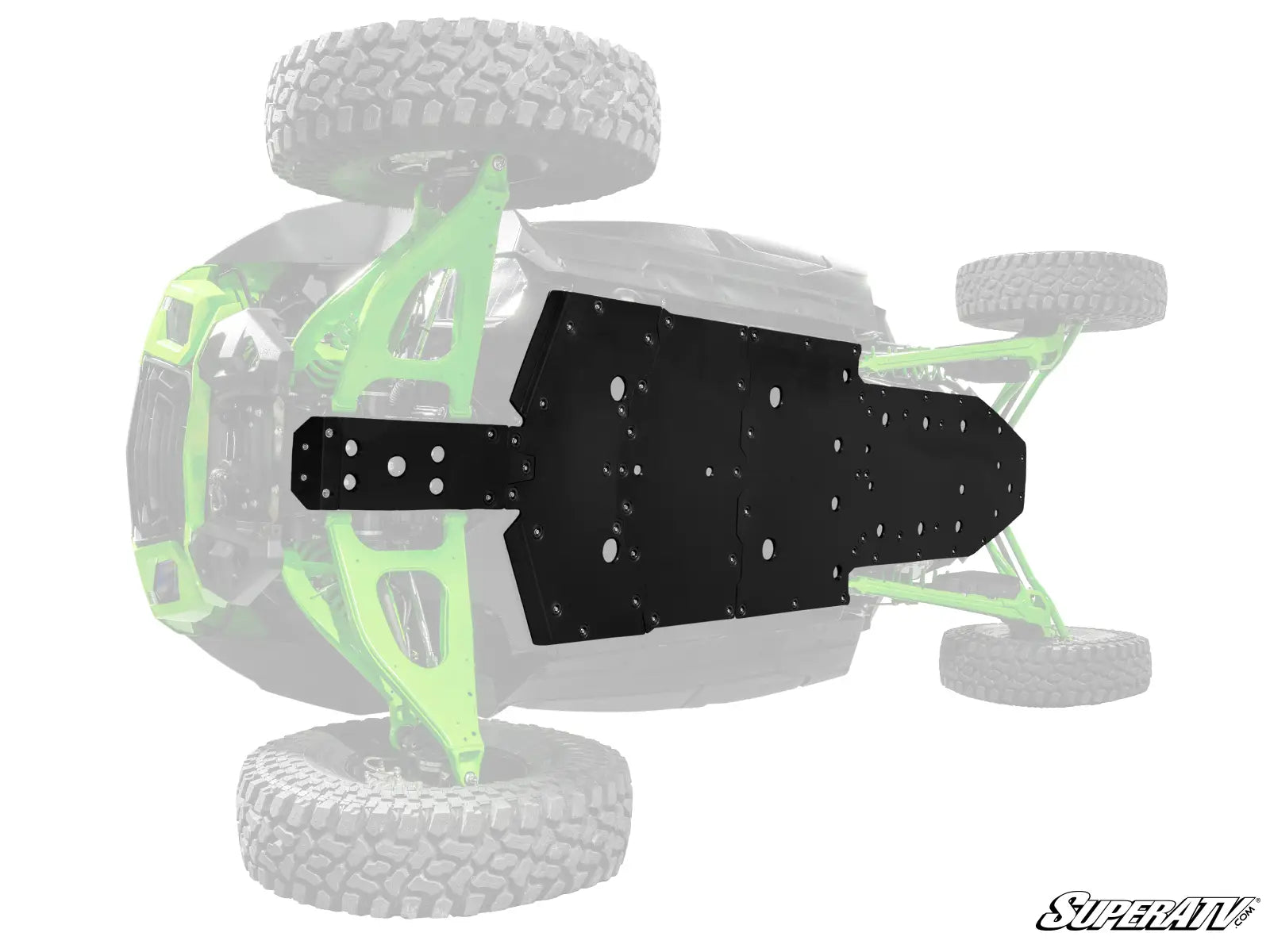 Black bumper on a model of an off-road vehicle with green suspension, on a white background.