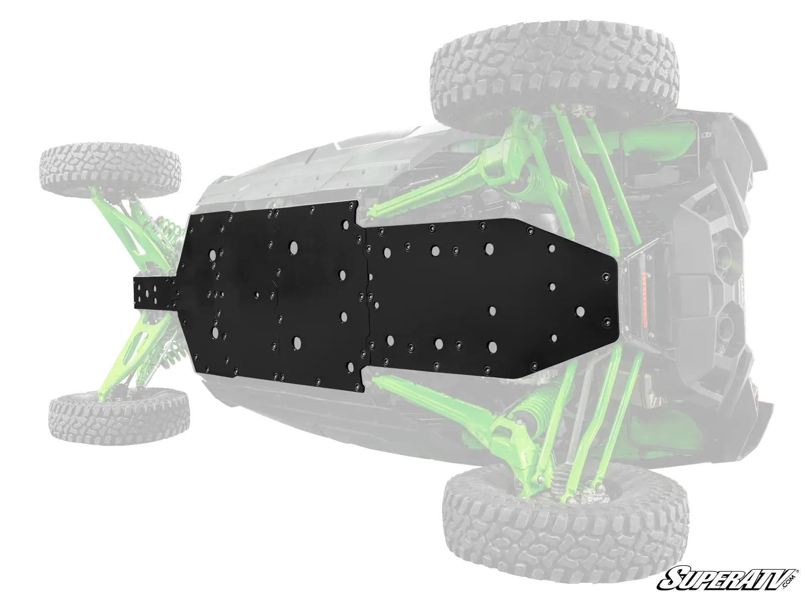 Black metal plate on a green UTV chassis with 'SuperATV' branding.