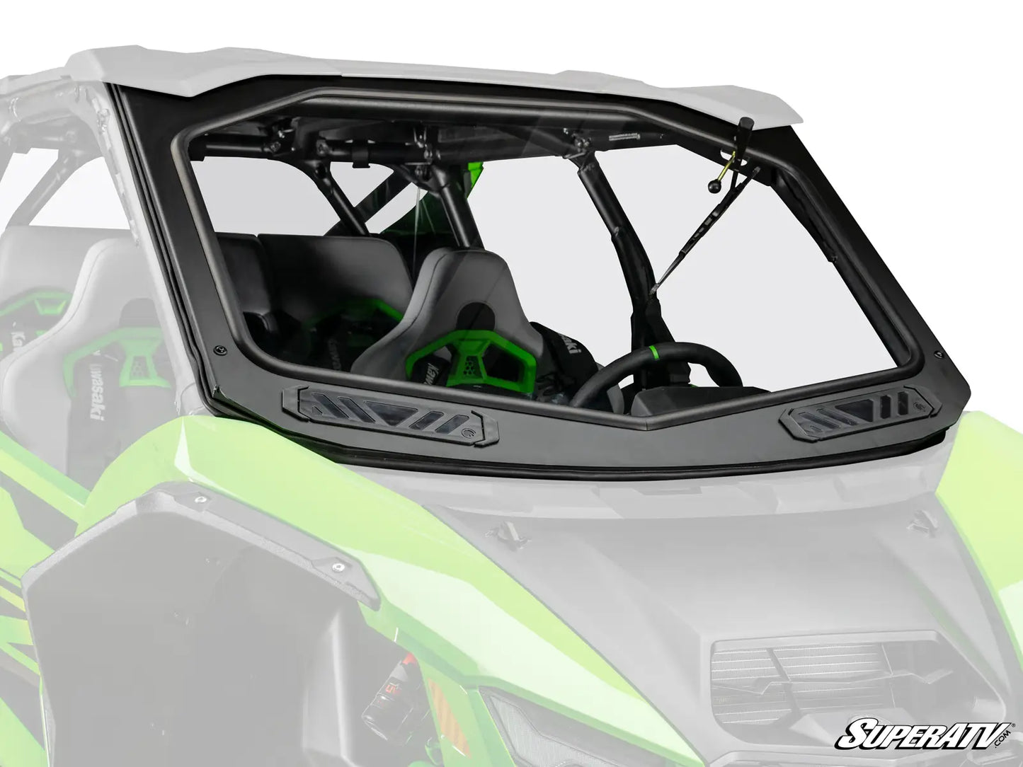 Close-up of a windshield on a SuperATV vehicle with a clear background
