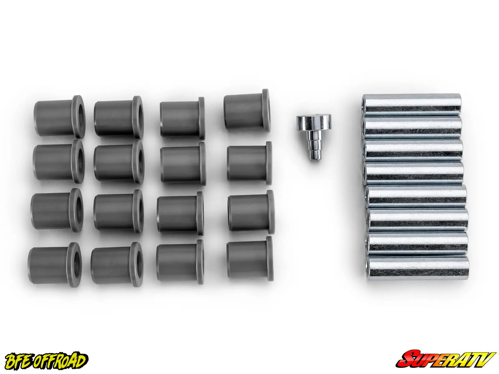 A set of dark gray cylindrical bushings arranged in rows next to a stack of silver metal spacer blocks and a small metal bolt, displayed on a clean white background with BFE Offroad and SuperATV logos in the corners.