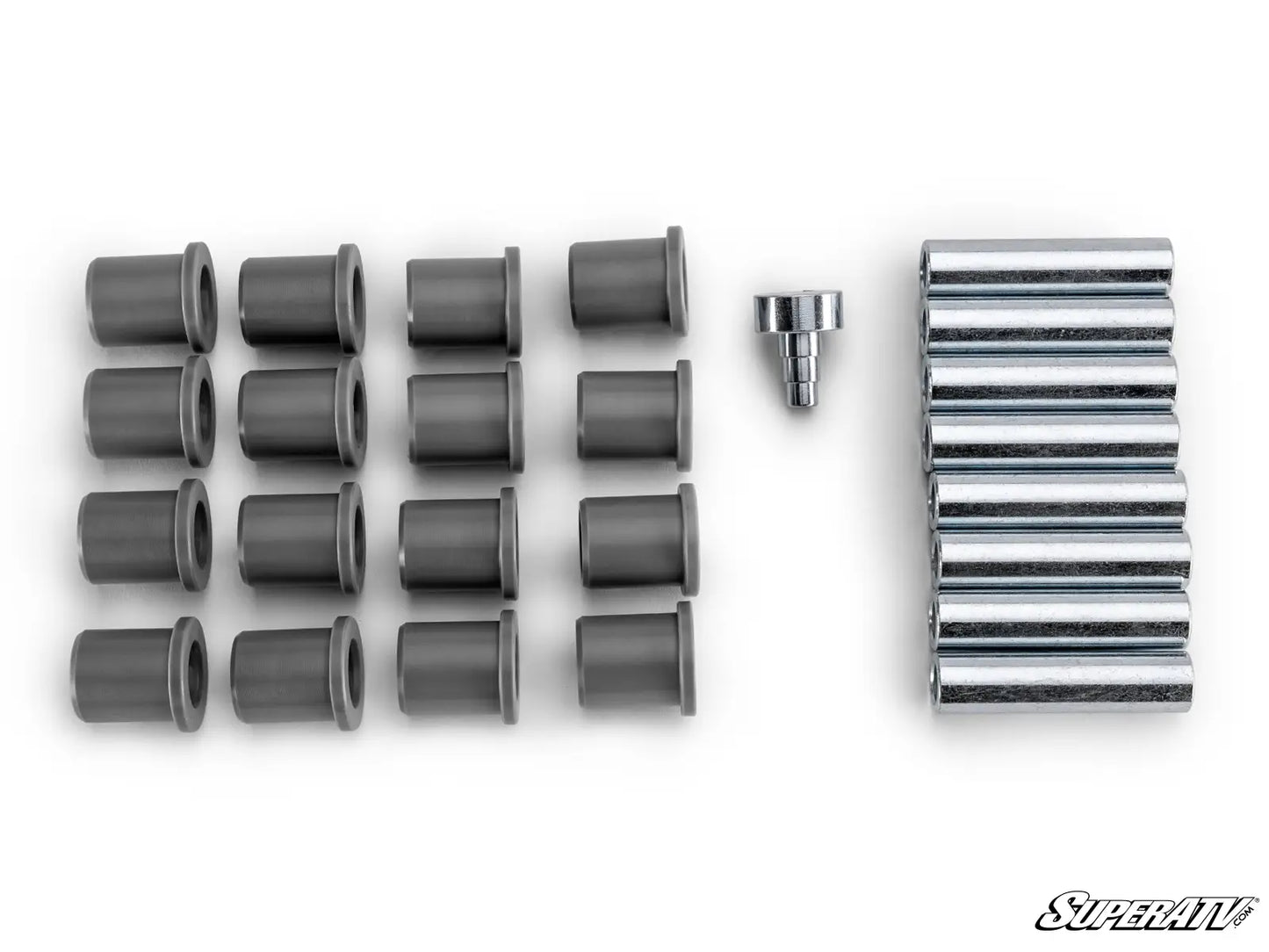Set of gray rubber bushings and a metal filter on a white background with 'SuperATV' branding.
