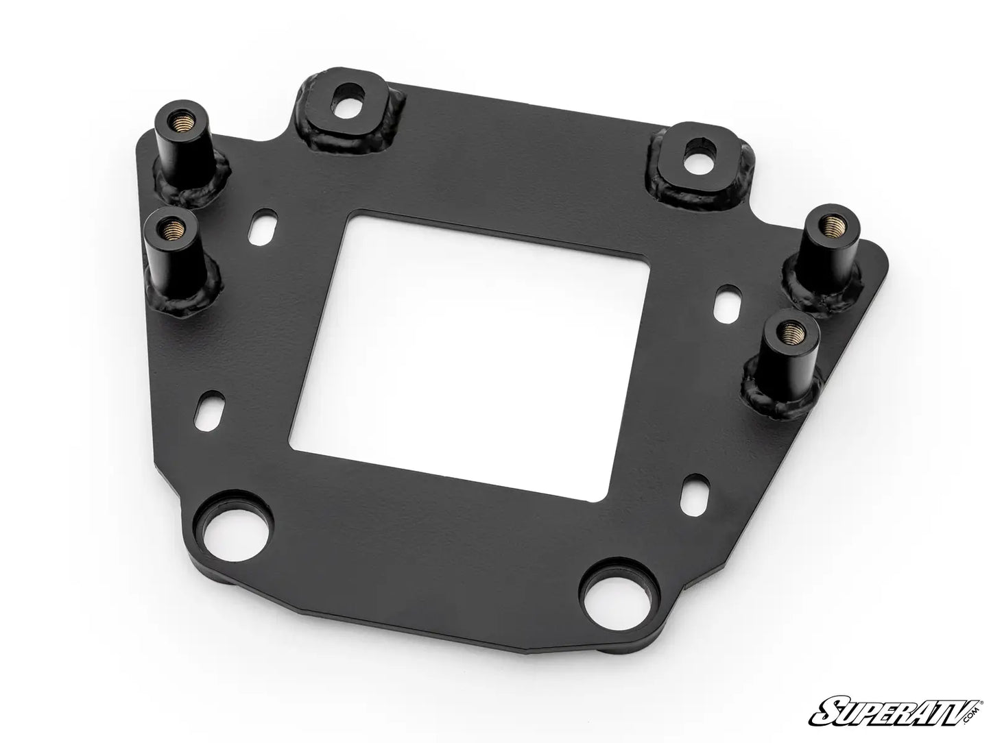 Black metal gasket or interface plate with multiple holes on a white background, featuring the SuperATV logo.