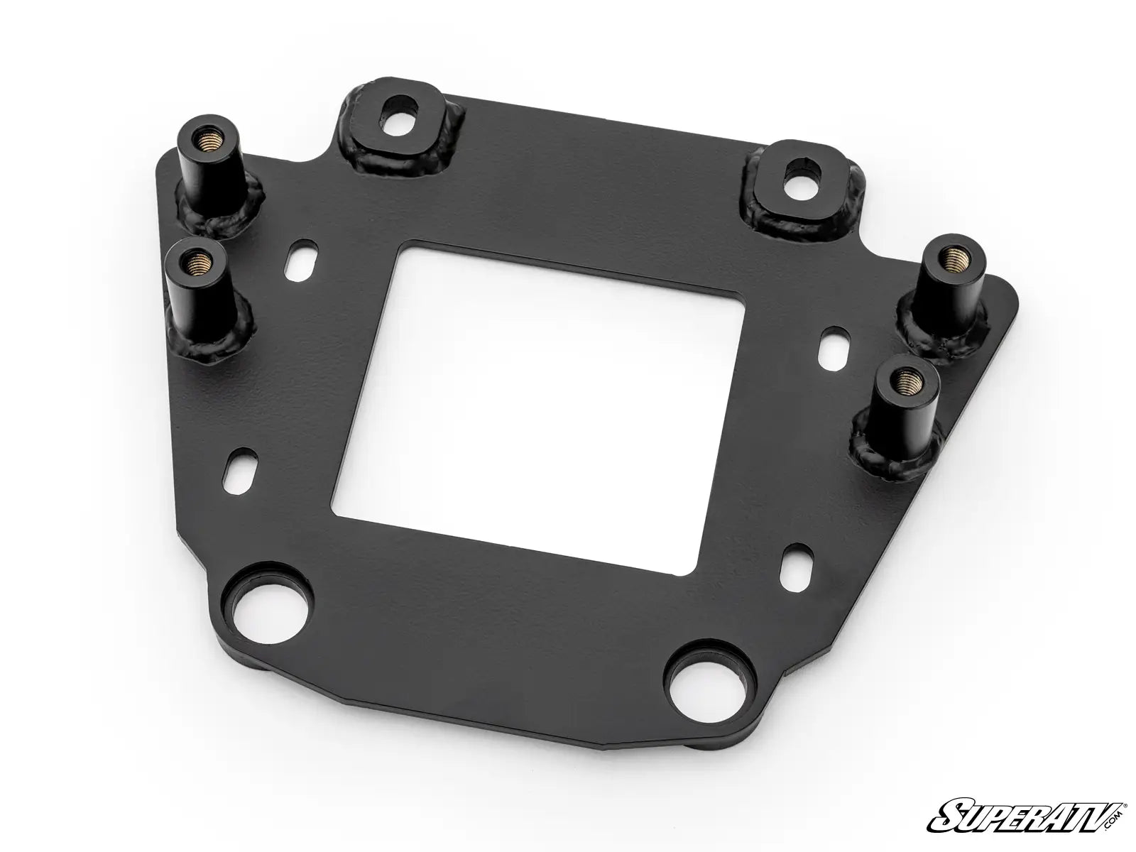 Black metal gasket or interface plate with multiple holes on a white background, featuring the SuperATV logo.