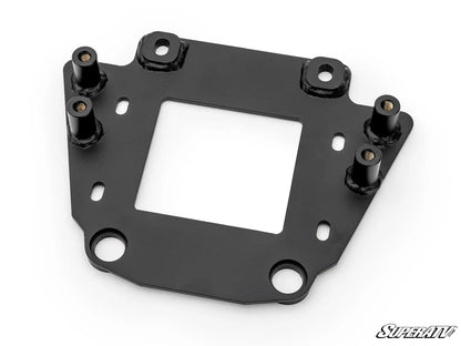 Black metal gasket or interface plate with multiple holes on a white background, featuring the SuperATV logo.