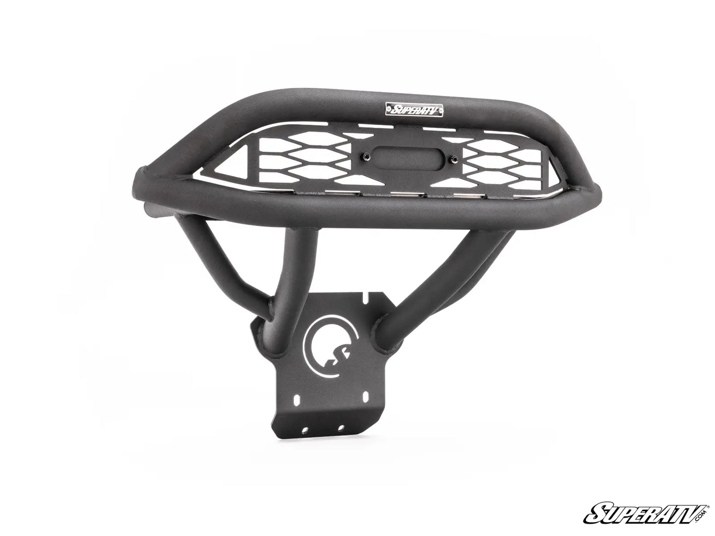 Black bike basket with SuperATV logo on a white background