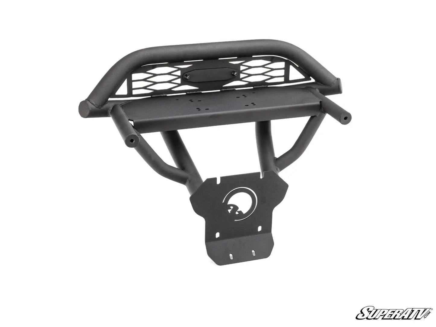 Black motorcycle luggage rack with SuperATV logo on a white background