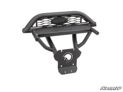 Black motorcycle luggage rack with SuperATV logo on a white background