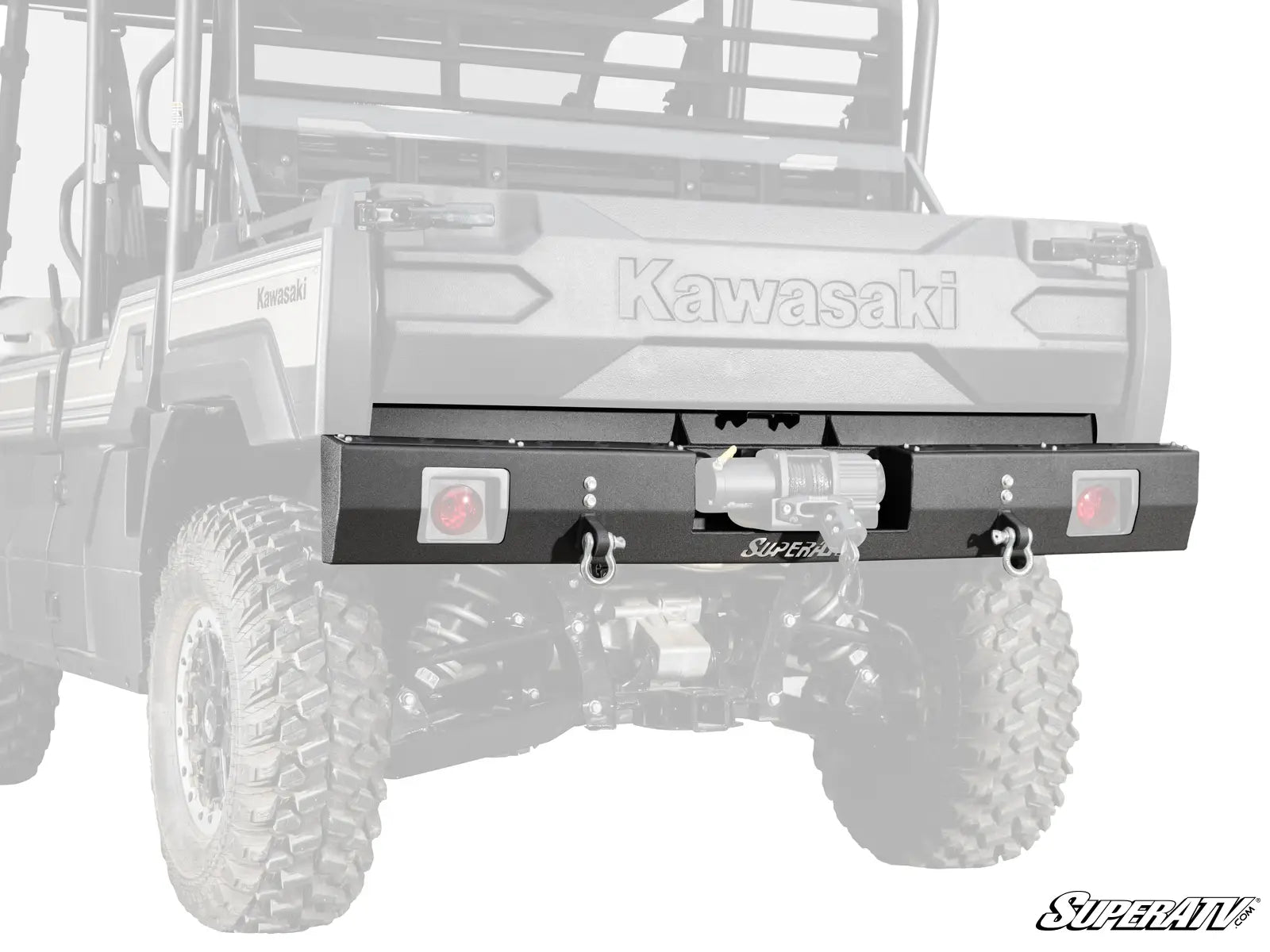 Kawasaki vehicle with a SuperATV bumper on a white background