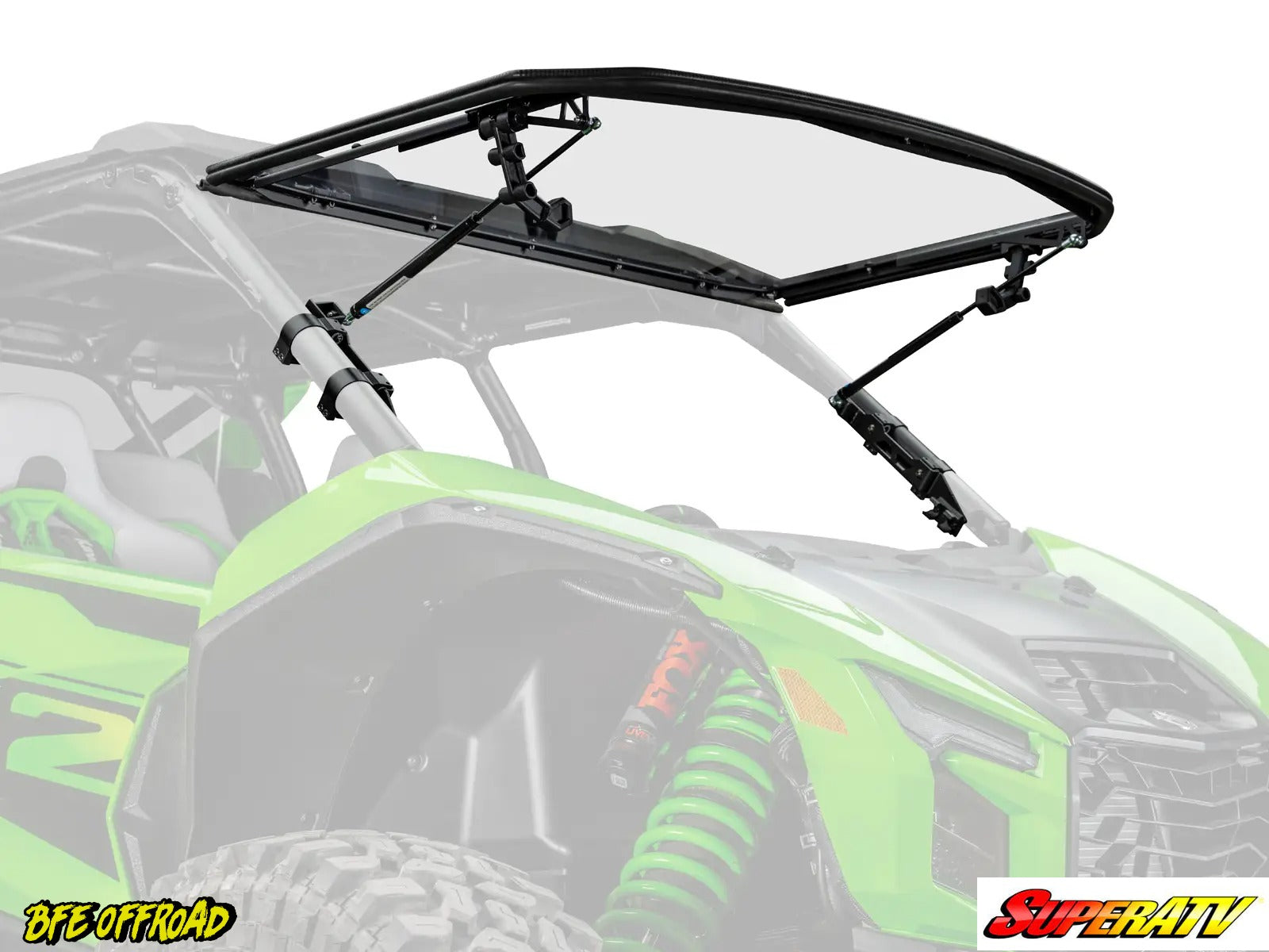A black roll cage canopy frame mounted over the windshield of a green and gray off-road vehicle, shown on a white background with 'BFE Offroad' and 'SuperATV' logos.