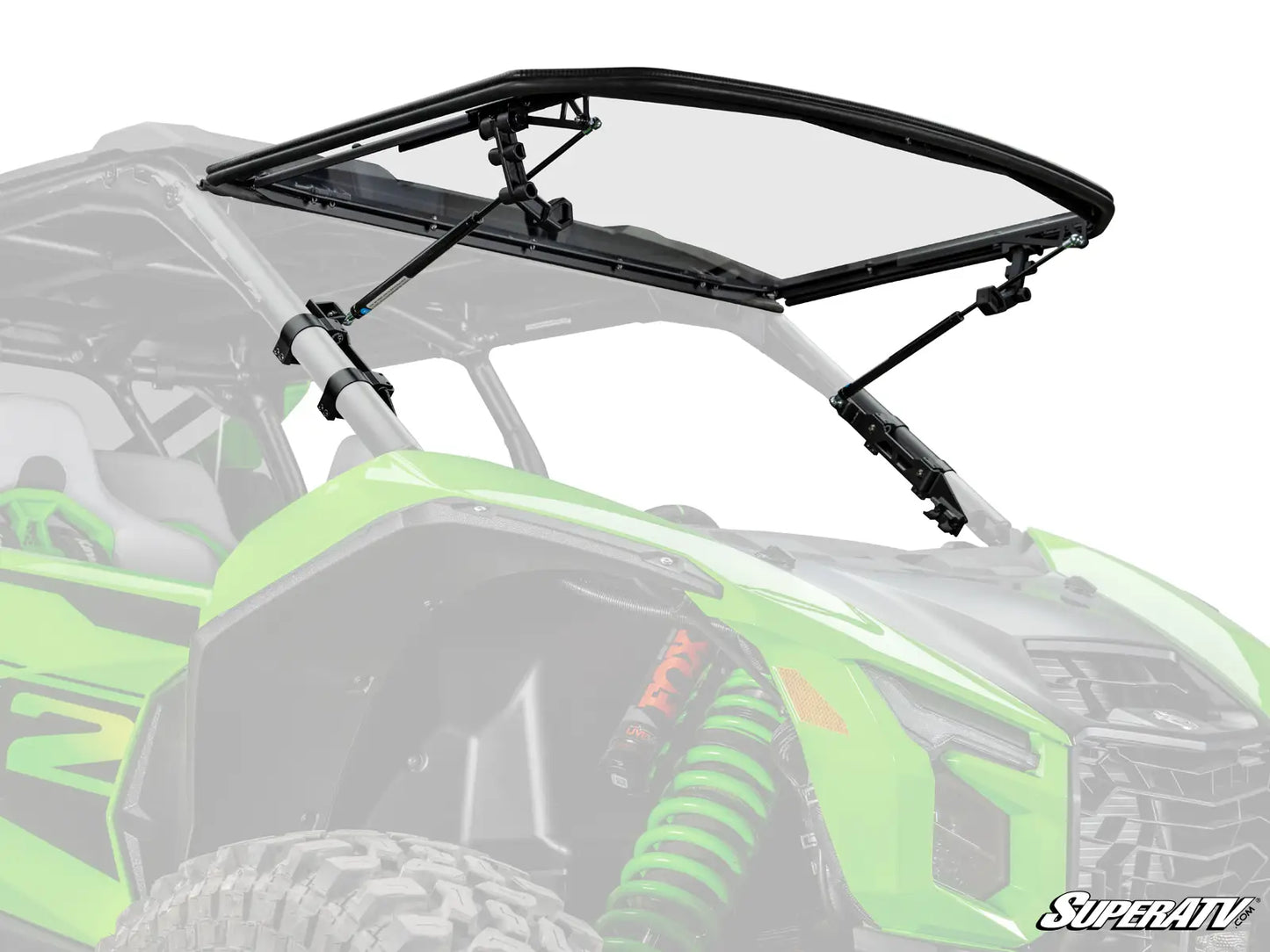 Clear windshield on a green ATV with SuperATV branding.